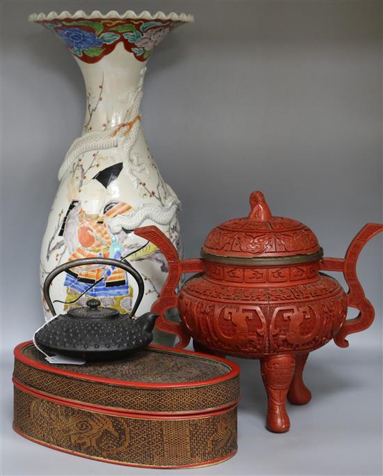 Cinnabar lidded koro, ceramic vase, teapot and basket